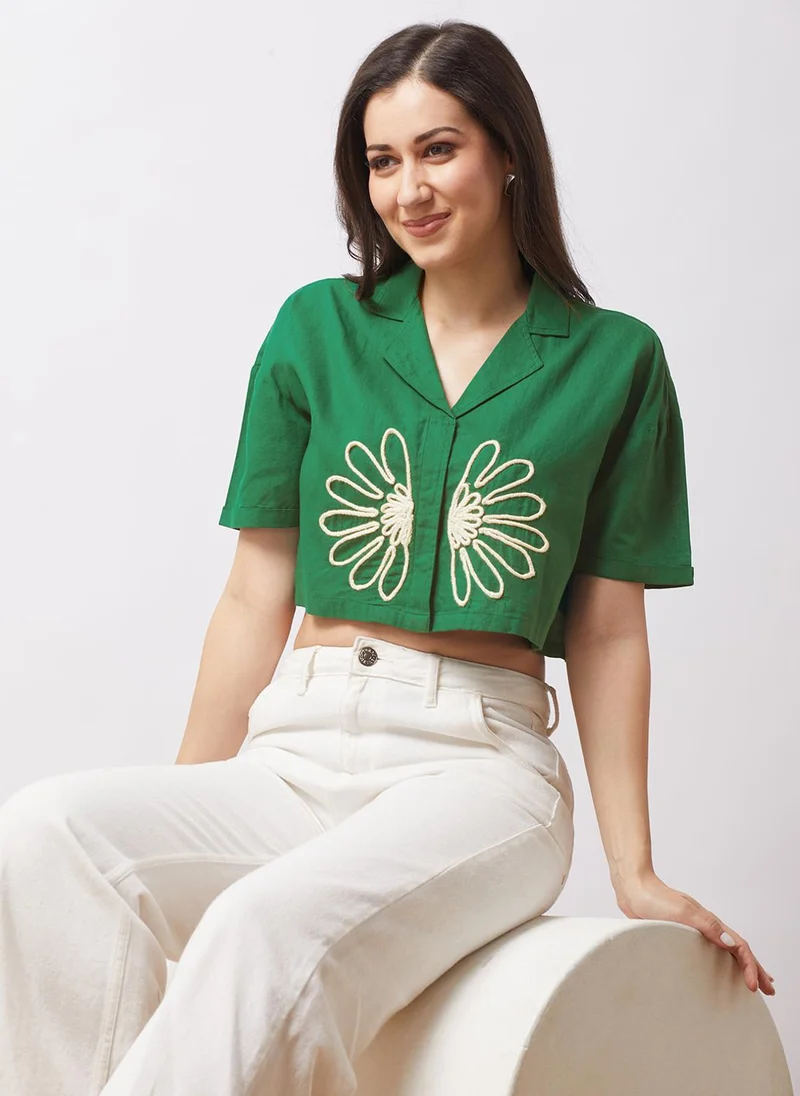 globus Globus Women Green Notch Lapel Drop Shoulder Sleeves Embroidered Detail Boxy Fit Crop Shirt